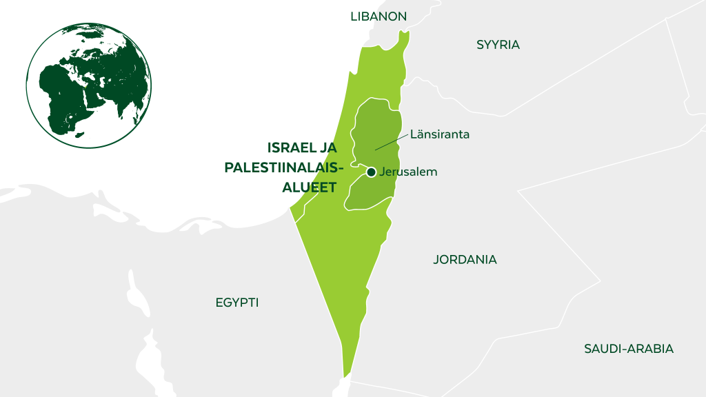 Israelin ja Palestiinalaisalueiden kartta.