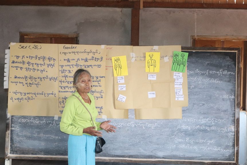 A lady stands in front of a blackboard in a classroom speaking. On the blackboard is Burmese script and illustrations of male and female bodies.